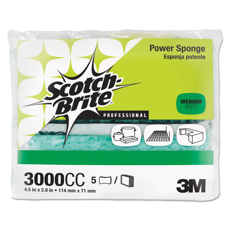 Scotch-Brite Power Sponge, 2.8 x 4.5, 0.6" Thick, Blue/Teal, 5/Pack