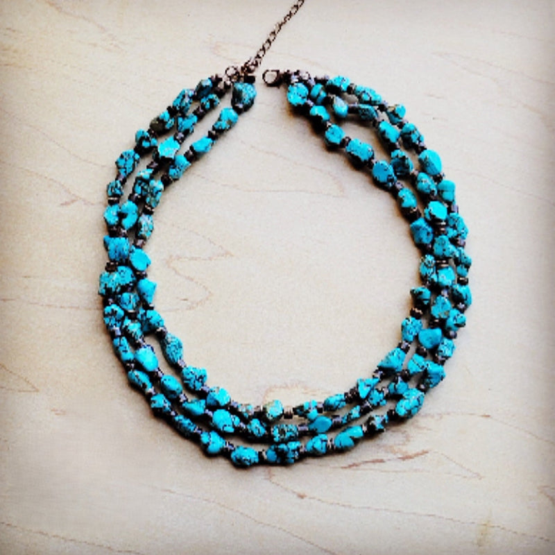 Triple Strand Blue Turquoise & Wood Collar Necklace 259f