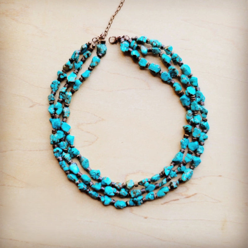 Triple Strand Blue Turquoise & Wood Collar Necklace 259f