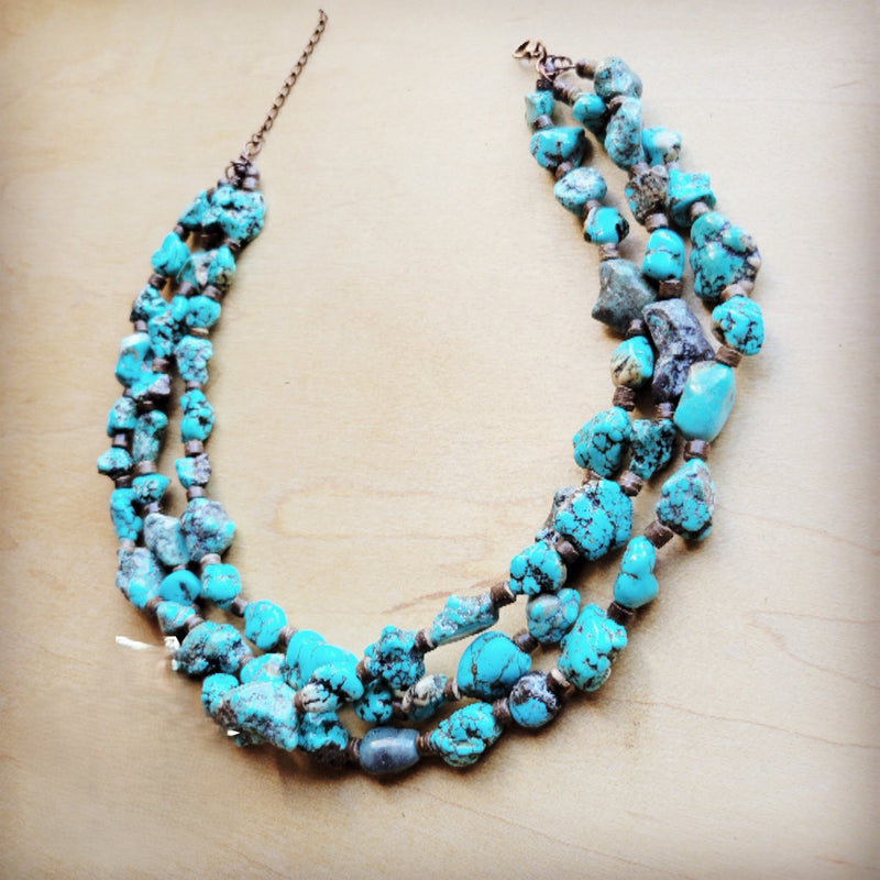 Large Triple Strand Blue Turquoise & Wood Collar Necklace 259g