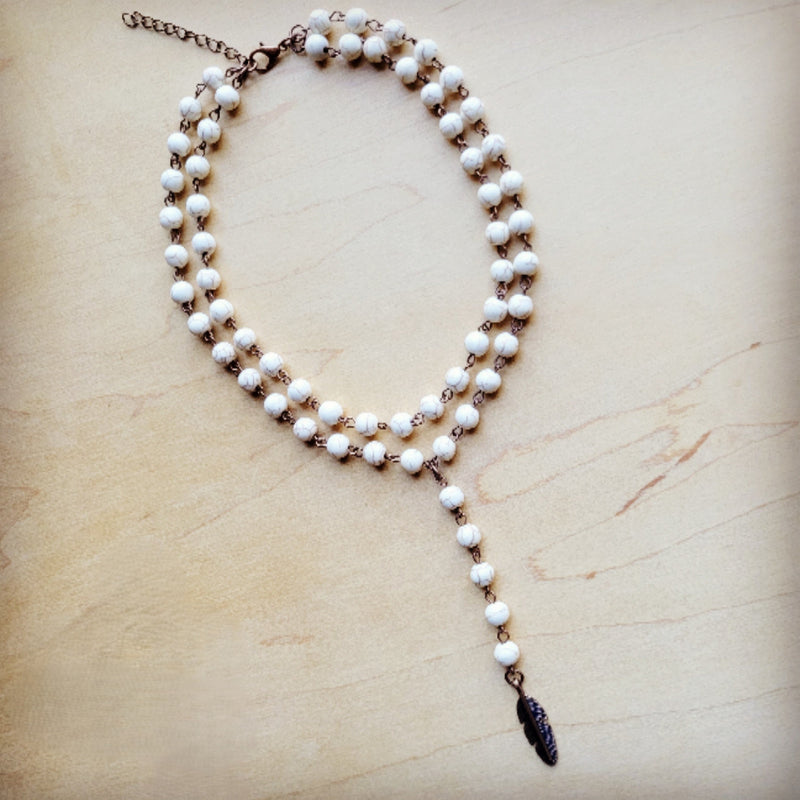 Double Strand Lariat White Turquoise Necklace w/ Copper Feather 259q