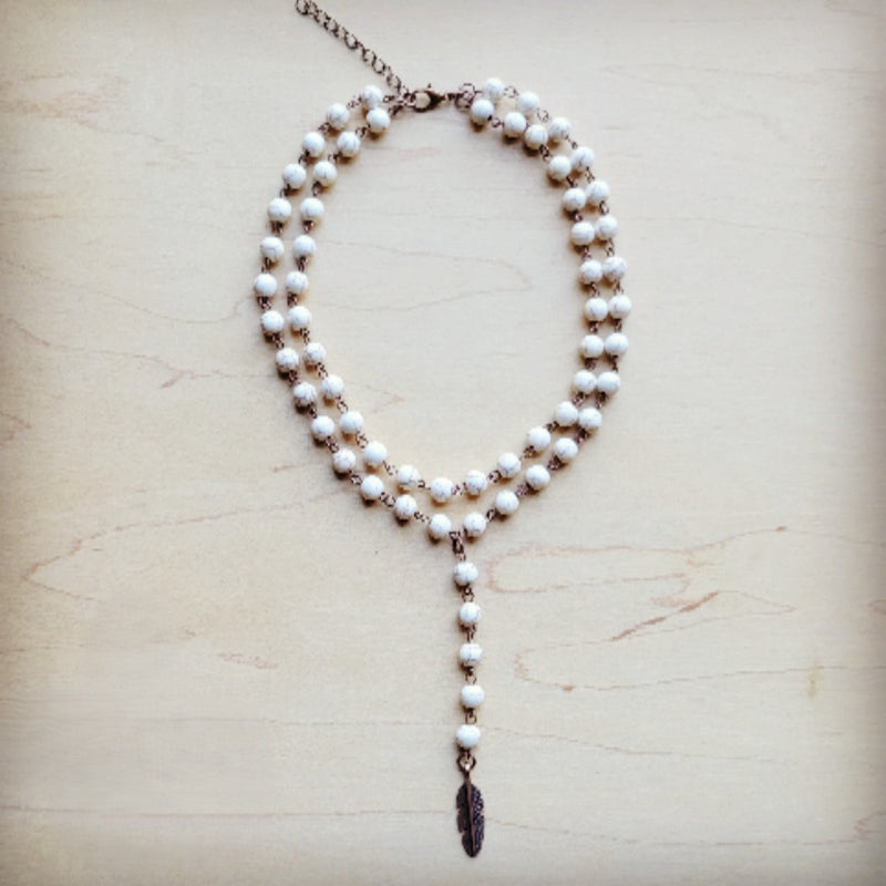 Double Strand Lariat White Turquoise Necklace w/ Copper Feather 259q