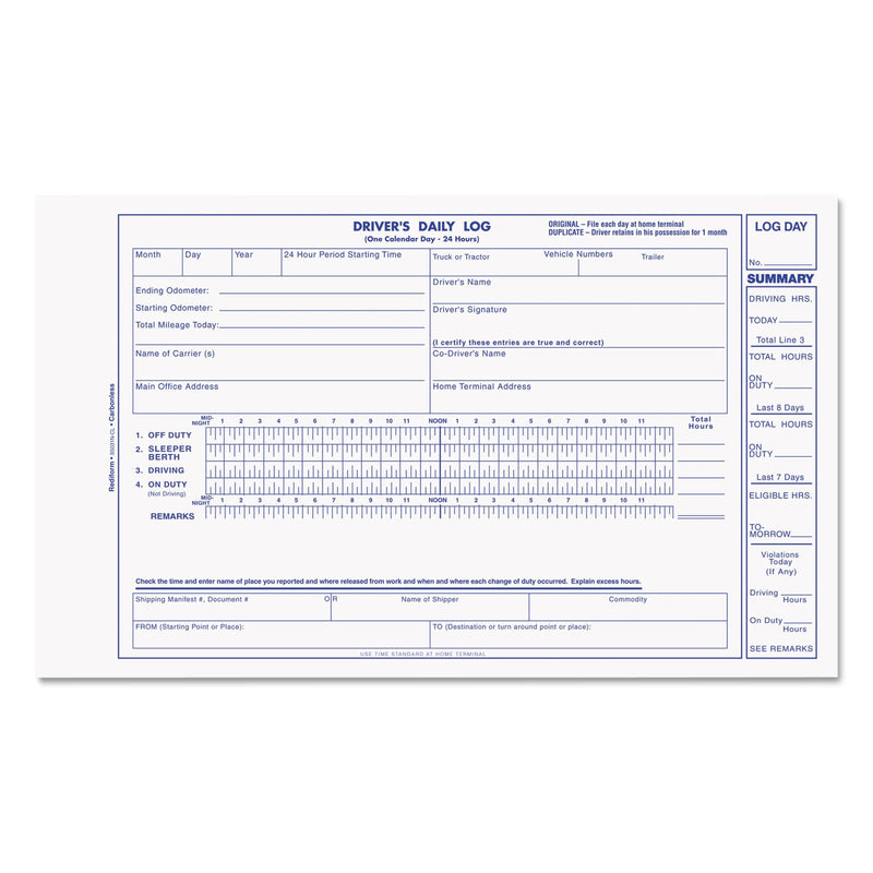 Rediform Driver's Daily Log, Two-Part Carbonless, 8.75 x 5.38, 1/Page, 31 Forms