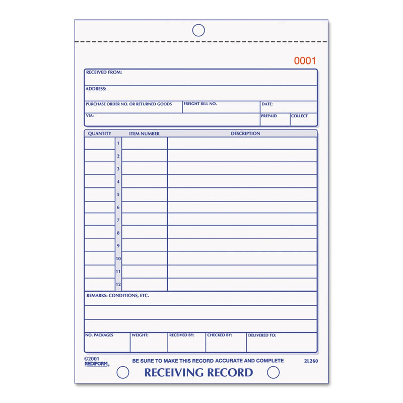 Rediform Receiving Record Book, Three-Part Carbonless, 5.56 x 7.94, 1/Page, 50 Forms