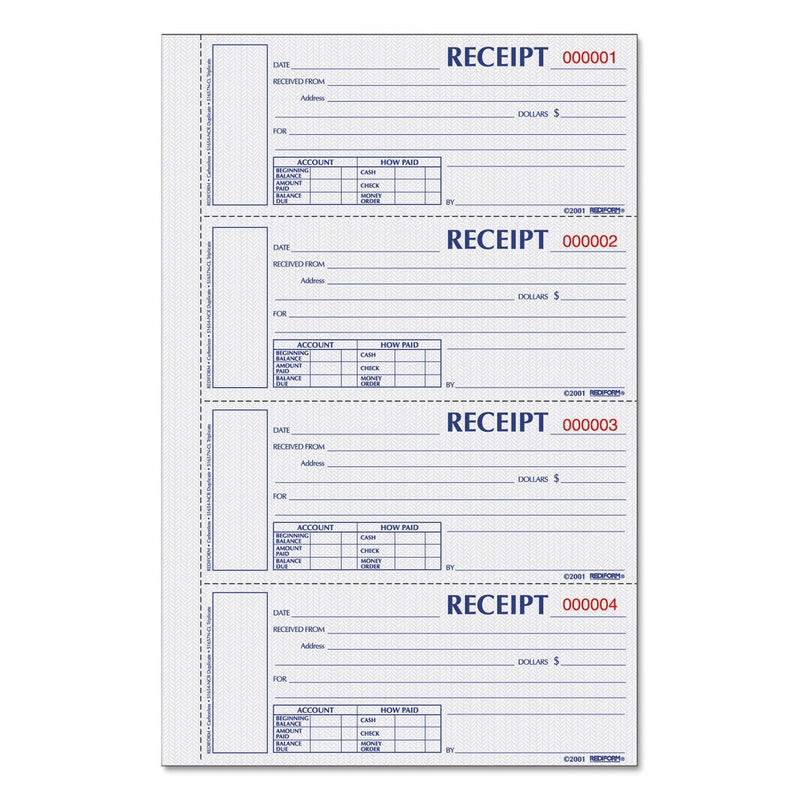 Rediform Hardcover Numbered Money Receipt Book, Three-Part Carbonless, 6.78 x 2.75, 4/Page, 200 Forms
