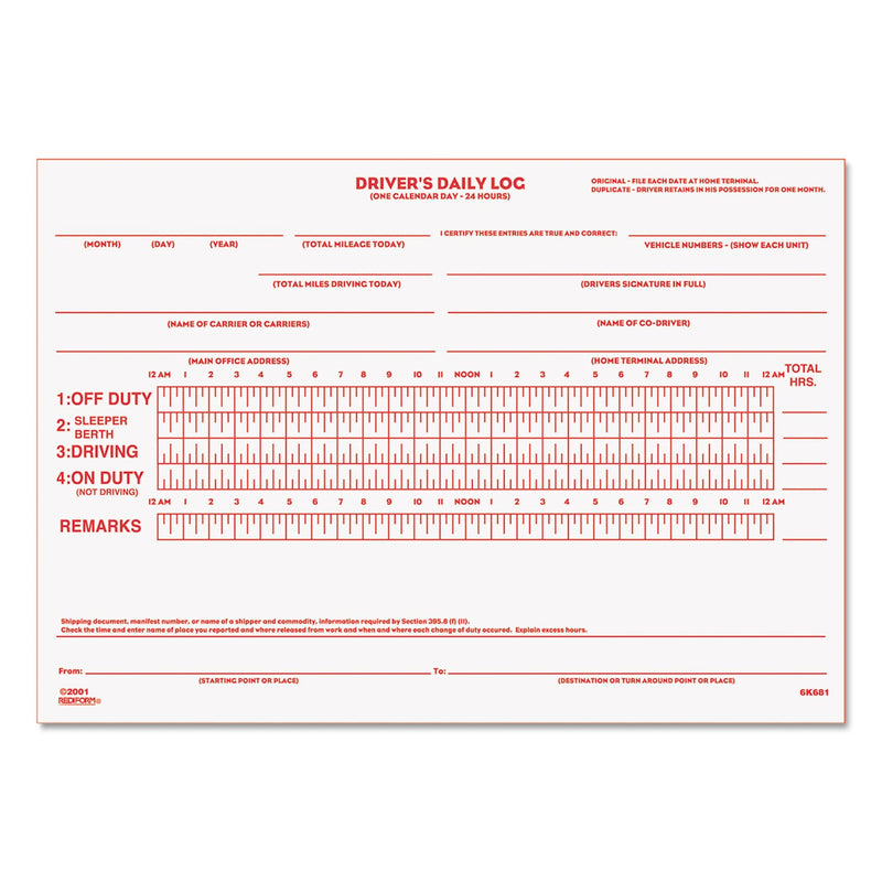 Rediform Driver's Daily Log, Two-Part Carbonless, 7.88 x 5.5, 1/Page, 31 Forms