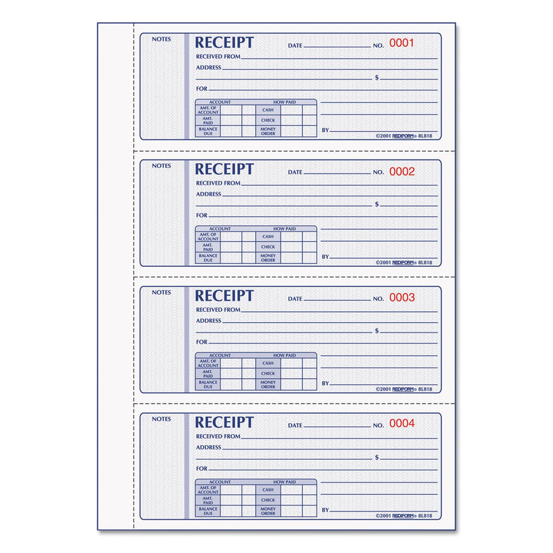 Rediform Money Receipt Book, Three-Part Carbonless, 7 x 2.75, 4/Page, 200 Forms