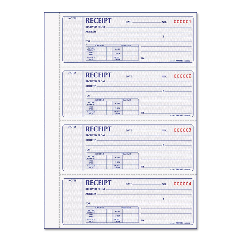 Rediform Receipt Book,Two-Part Carbonless, 7 x 2.75, 4/Page, 400 Forms