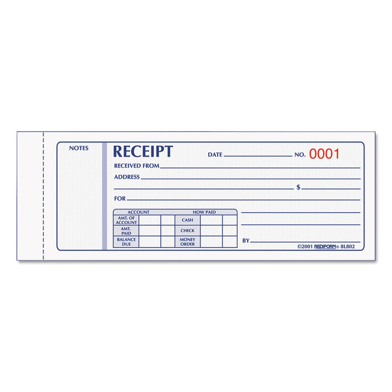 Rediform Receipt Book, Three-Part Carbonless, 7 x 2.75, 1/Page, 50 Forms