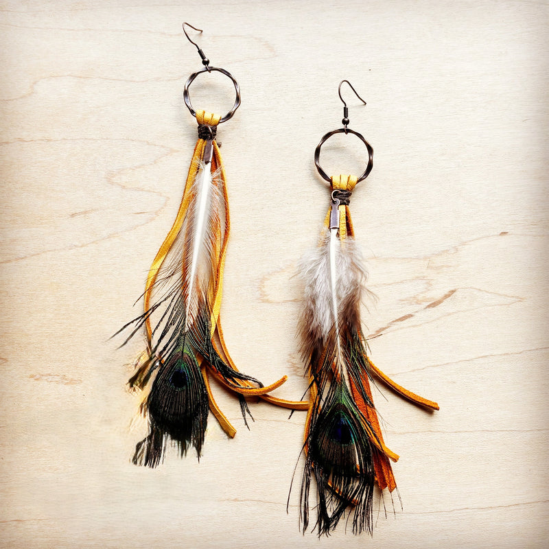 Yellow Deer Skin Leather Tassel Earring Peacock Feather 219i