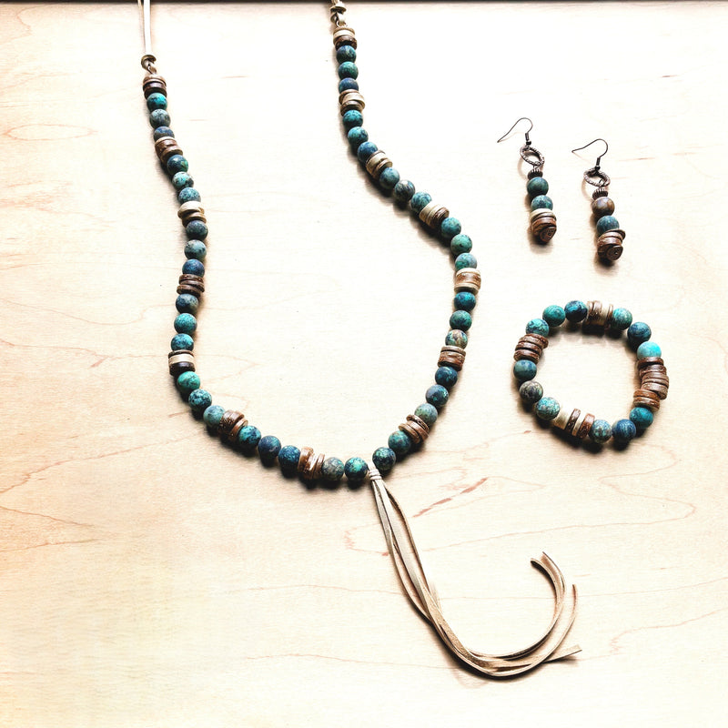 Frosted African Turquoise and Wood Earrings (220d)