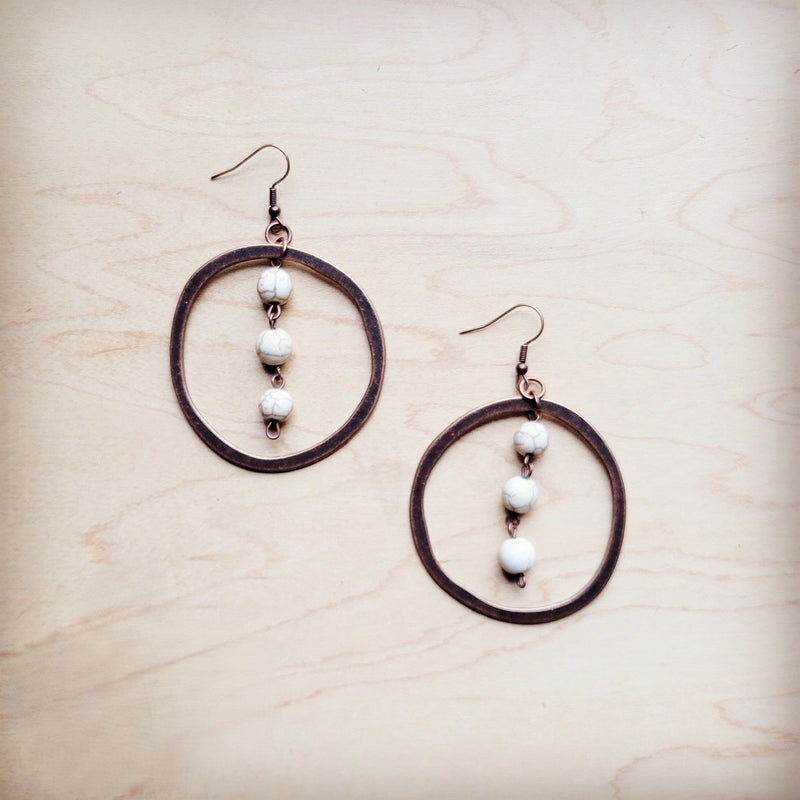 Western Copper Hoop Earrings w/ White Turquoise Beads 224g