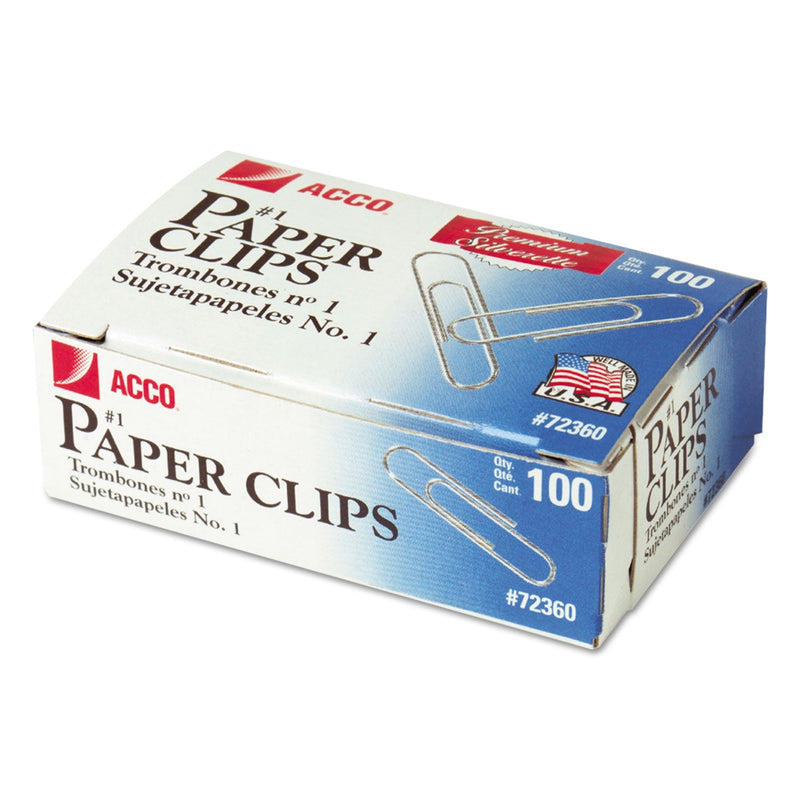 ACCO Premium Heavy-Gauge Wire Paper Clips, #1, Smooth, Silver, 100 Clips/Box, 10 Boxes/Pack