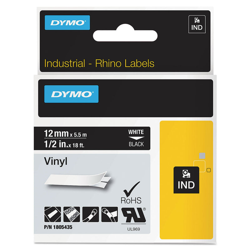 DYMO Rhino Permanent Vinyl Industrial Label Tape, 0.5" x 18 ft, Black/White Print