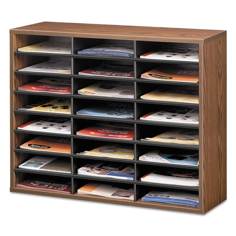 Fellowes Literature Organizer, 24 Letter Compartments, 29 x 11.88 x 23.44, Medium Oak