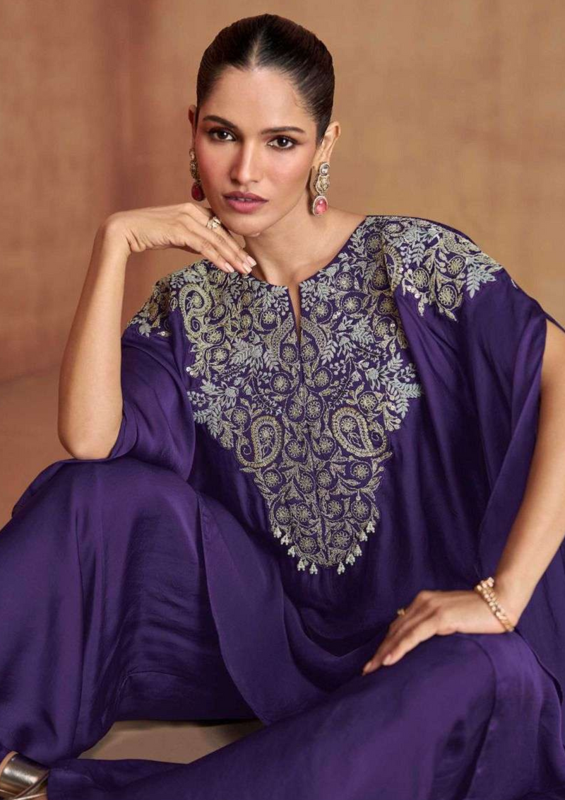 Purple Silk Sequins Hand Work Kaftan Style Palazzo Set