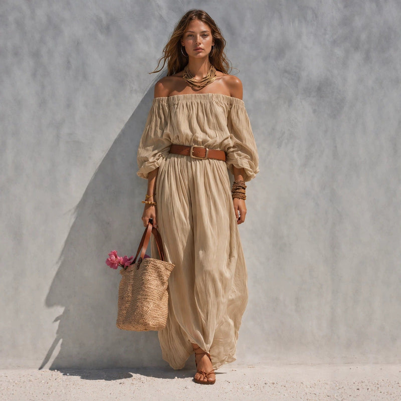 Women's Boat-Neck Sleeveless Cotton-Linen Maxi Dress