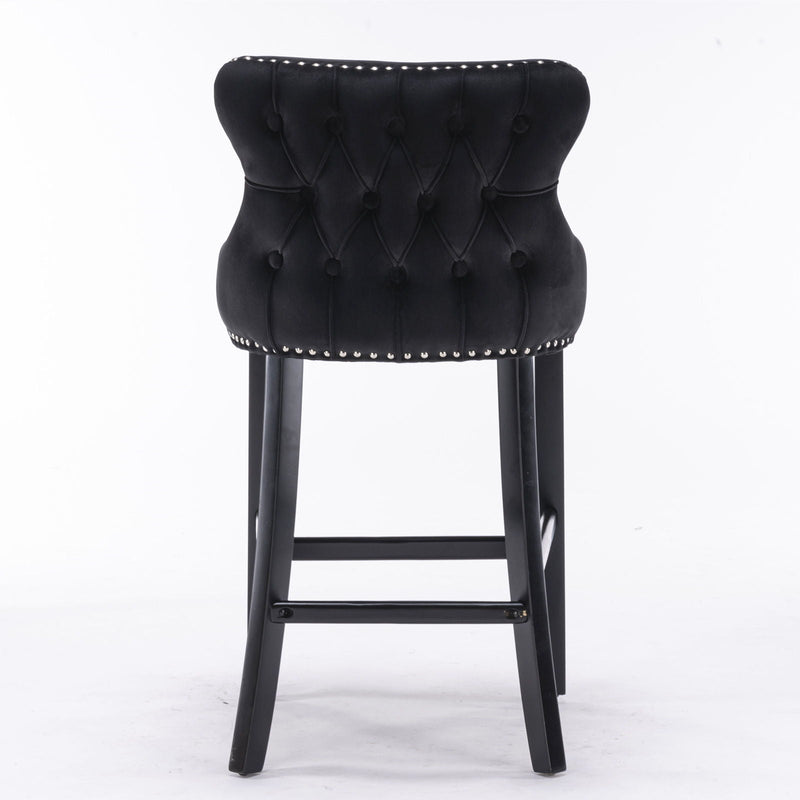 Contemporary Upholstered Wing-Back Barstools With Button Tufted Decoration And Wooden Legs, And Nailhead Trim, Leisure Style Bar Chairs, Bar Stools (Set of 2)