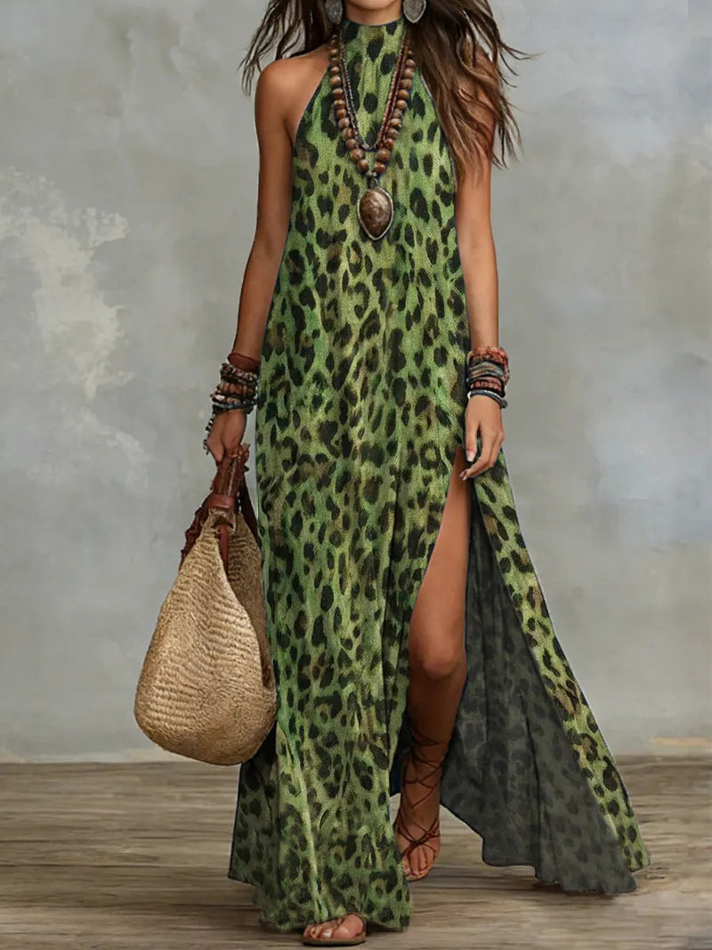 Women's Printed Scarf-Style Maxi Dress – Sleeveless, Split, Loose Boho