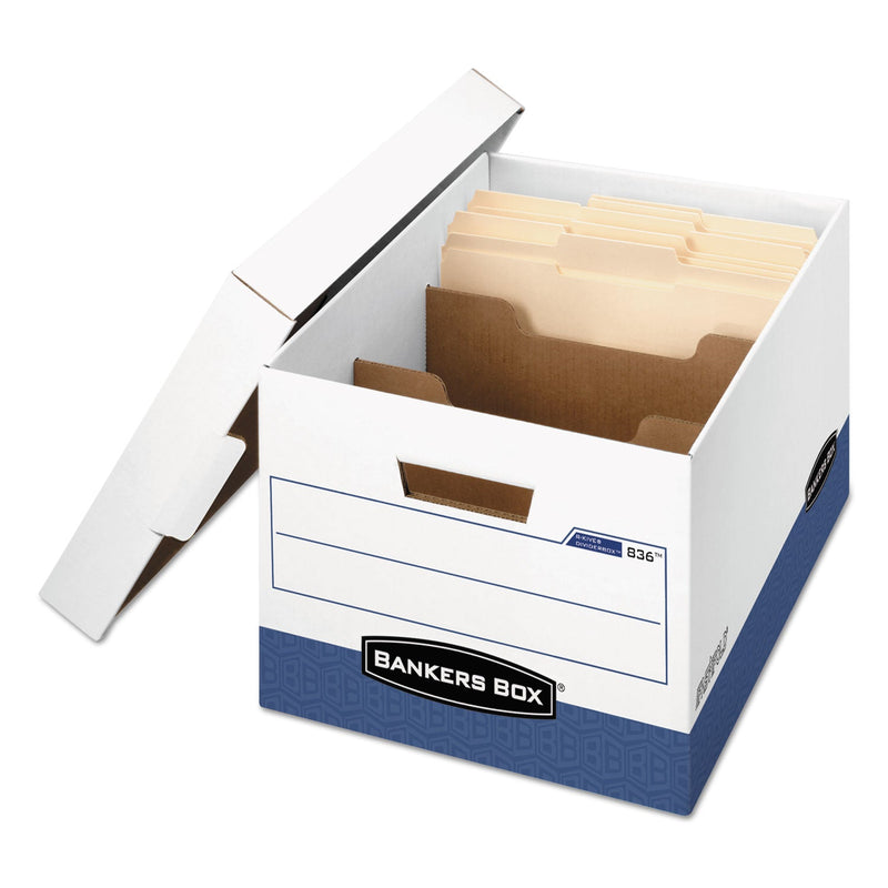 Bankers Box R-KIVE Heavy-Duty Storage Boxes with Dividers, Letter/Legal Files, 12.75" x 16.5" x 10.38", White/Blue, 12/Carton