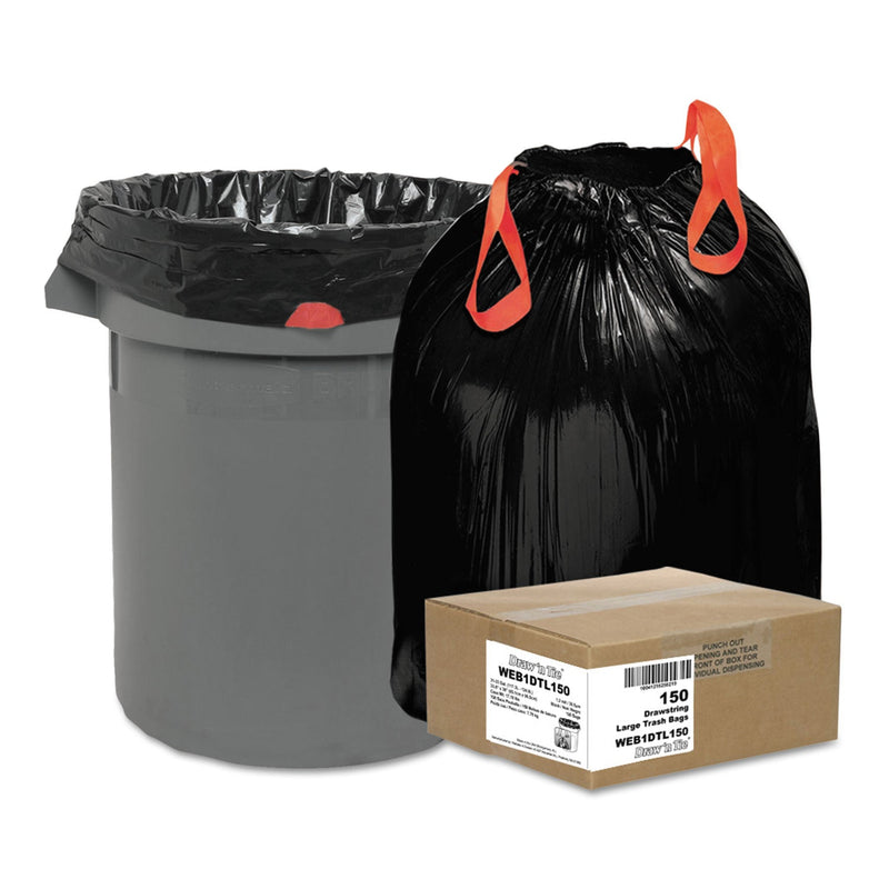 Draw 'n Tie Heavy-Duty Trash Bags, 33 gal, 1.2 mil, 33.5" x 38", Black, 150/Box