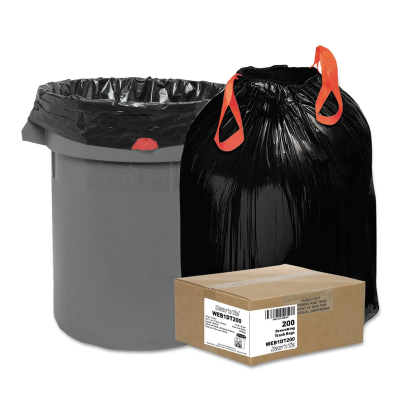 Draw 'n Tie Heavy-Duty Trash Bags, 30 gal, 1.2 mil, 30.5" x 33", Black, 200/Box