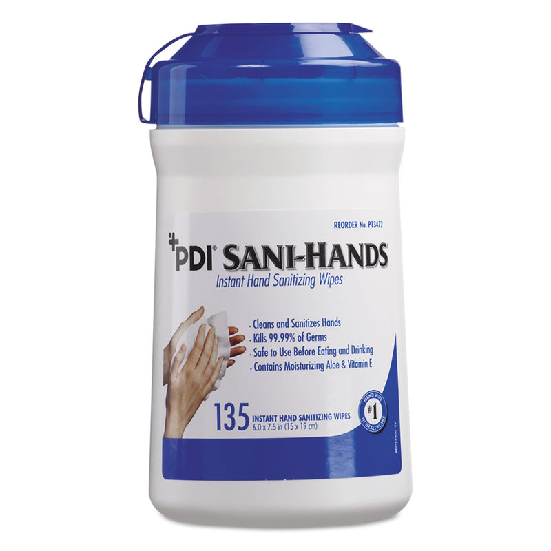Sani Professional Sani-Hands ALC Instant Hand Sanitizing Wipes, 7.5 x 6, White, 135/Canister, 12/Carton