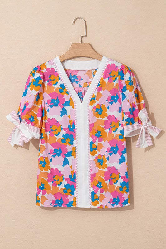 Cotton V Neck Floral Knotted Short Sleeve Blouse