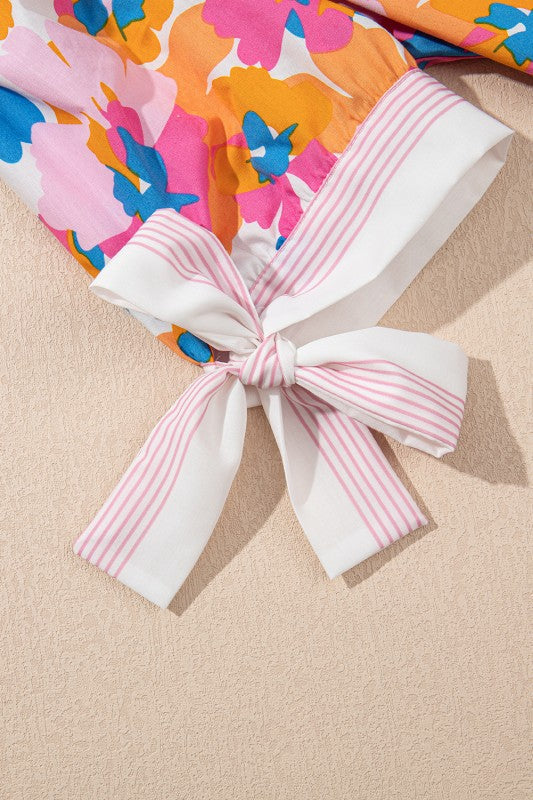 Cotton V Neck Floral Knotted Short Sleeve Blouse