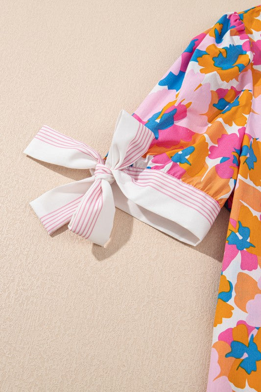 Cotton V Neck Floral Knotted Short Sleeve Blouse