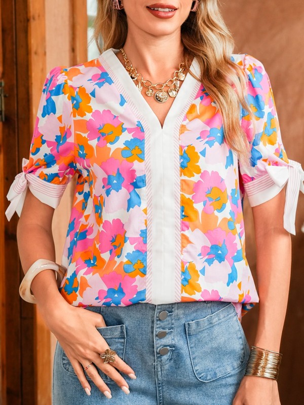 Cotton V Neck Floral Knotted Short Sleeve Blouse
