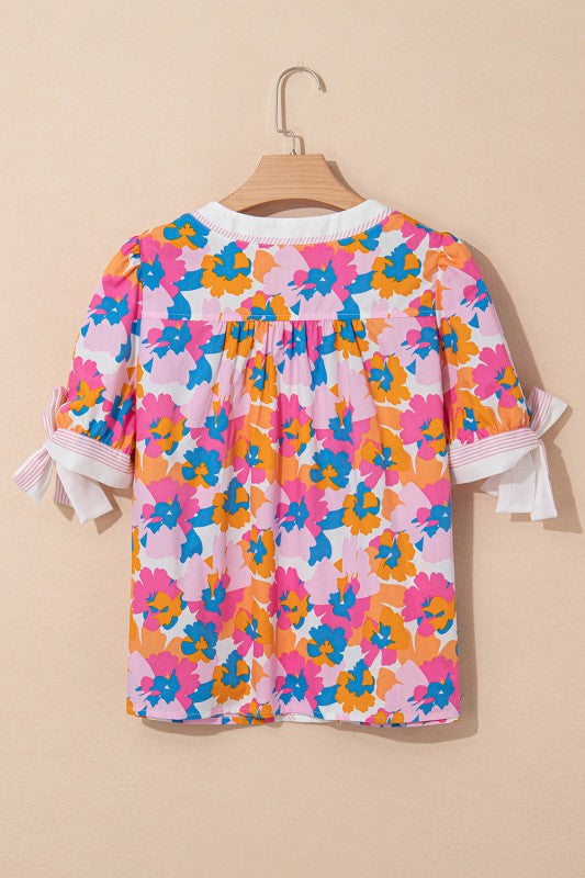 Cotton V Neck Floral Knotted Short Sleeve Blouse