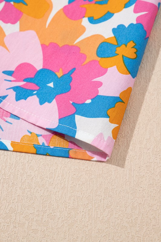 Cotton V Neck Floral Knotted Short Sleeve Blouse