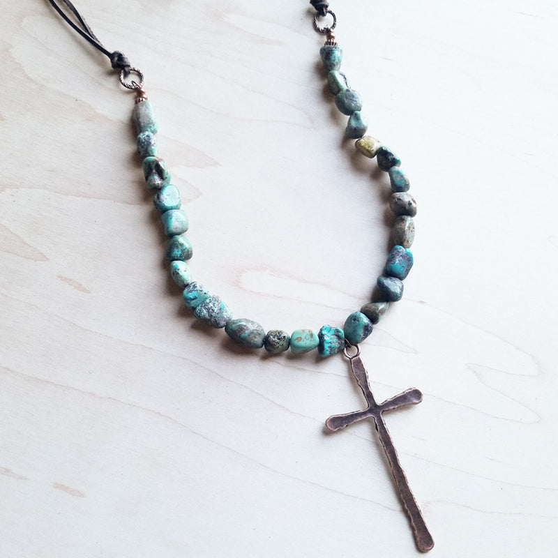 Natural Turquoise Beaded Necklace wi/ Copper Cross Pendant 242u