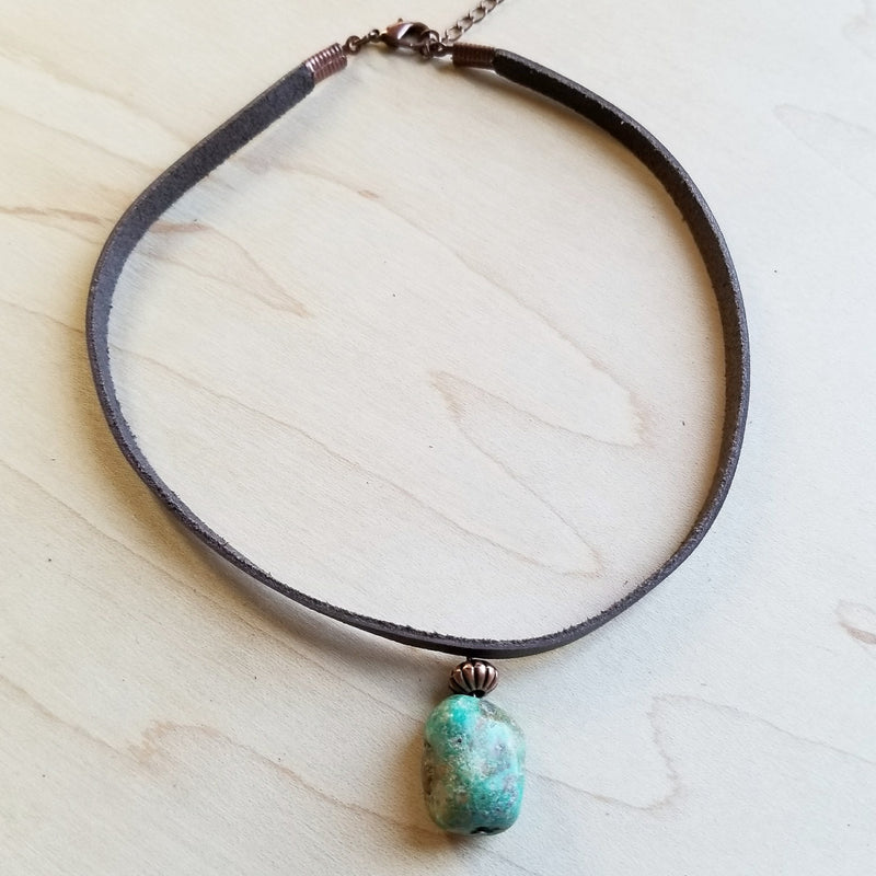 Leather Choker with Genuine Natural Turquoise Accent 242z