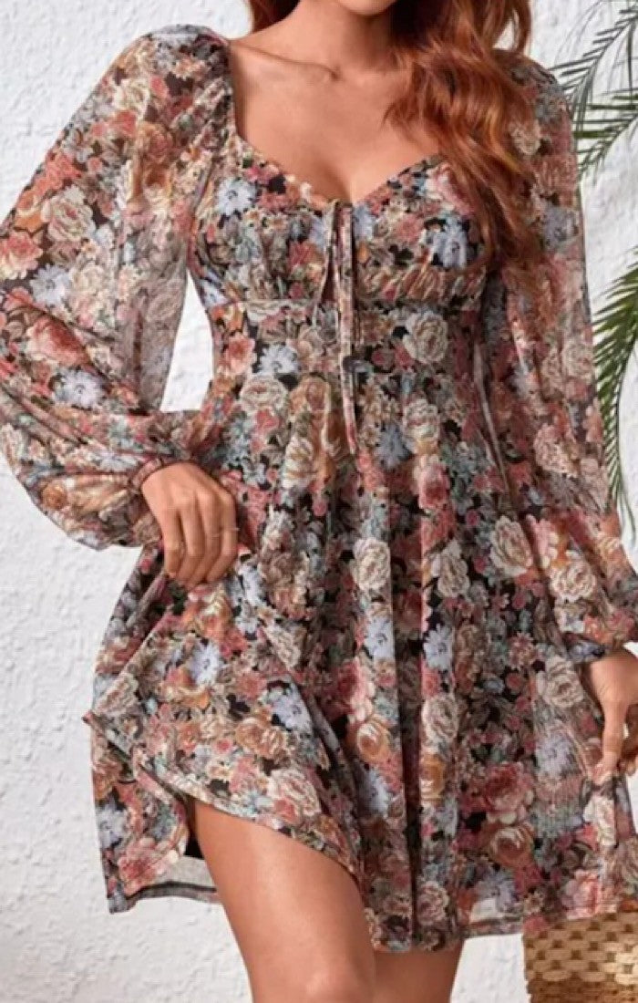 Floral Print Puff Sleeve  Dress