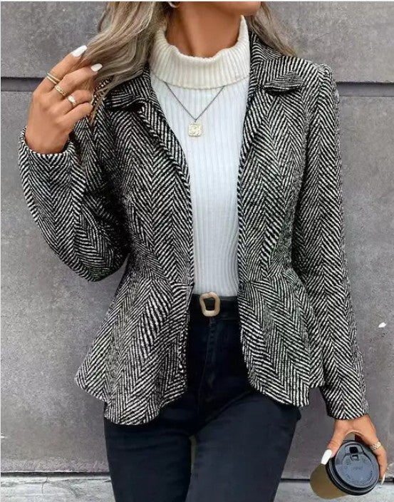 Houndstooth Patterned Blazer with Belted Waist