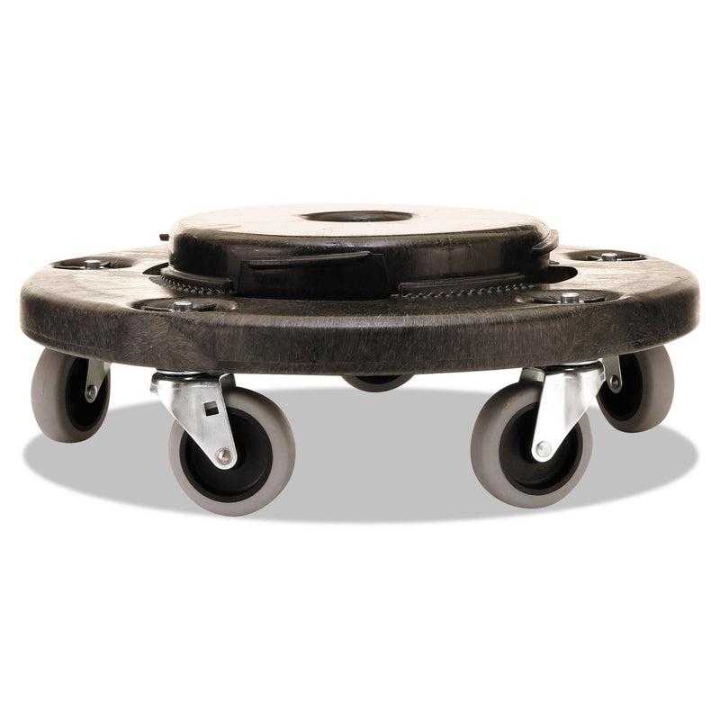 Rubbermaid Brute Round Twist On/Off Dolly, 250 lb Capacity, 18" dia x 6.63"h, Fits 20 to 55 Gallon BRUTE Containers, Black