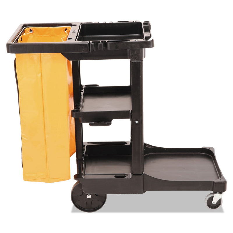 Rubbermaid Multi-Shelf Cleaning Cart, Plastic, 4 Shelves, 1 Bin, 20" x 45" x 38.25", Black