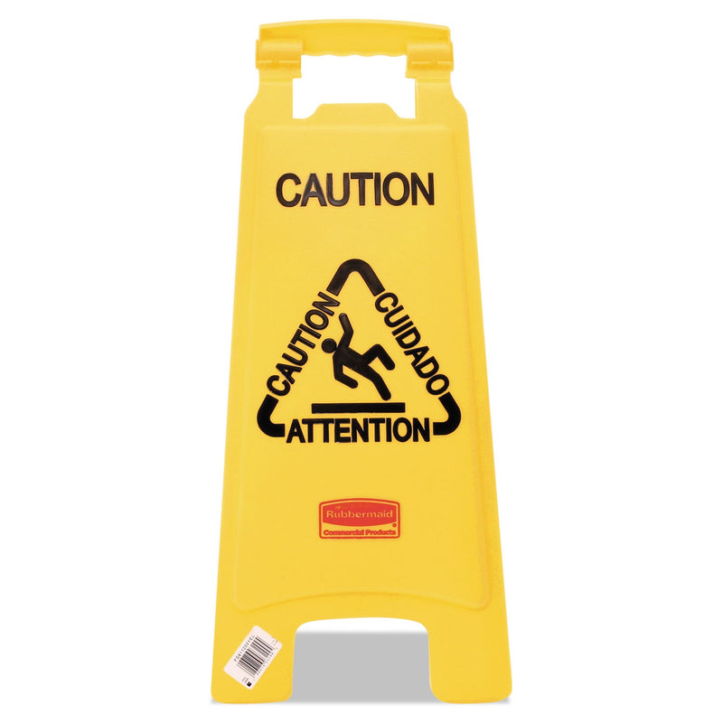 Rubbermaid Multilingual "Caution" Floor Sign,  11 x 12 x 25, Bright Yellow