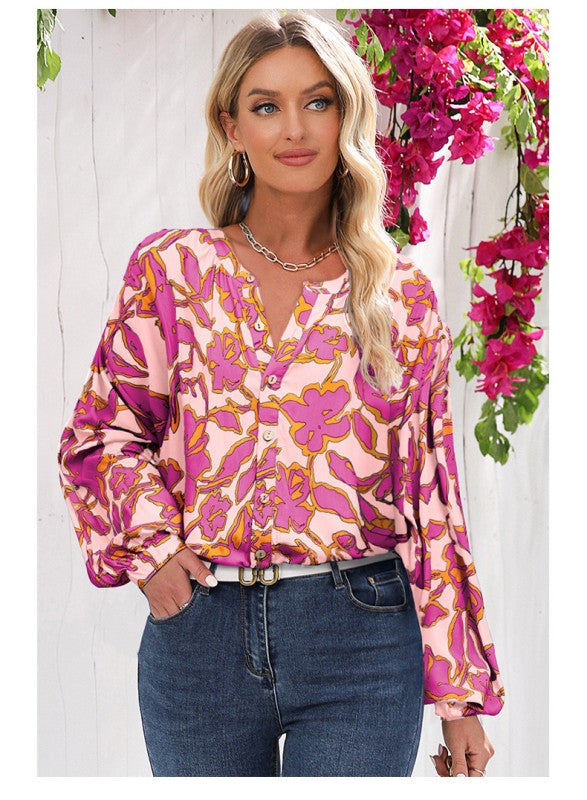 Floral Print Batwing Sleeve Buttoned Fit Shirt
