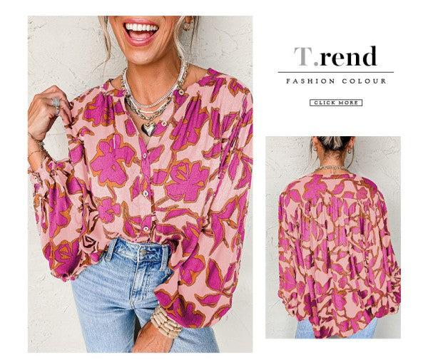 Floral Print Batwing Sleeve Buttoned Fit Shirt