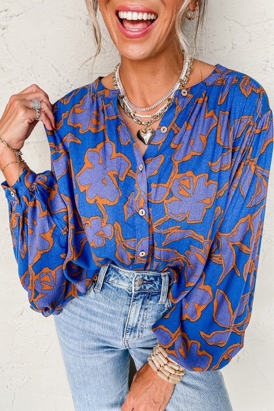 Floral Print Batwing Sleeve Buttoned Fit Shirt