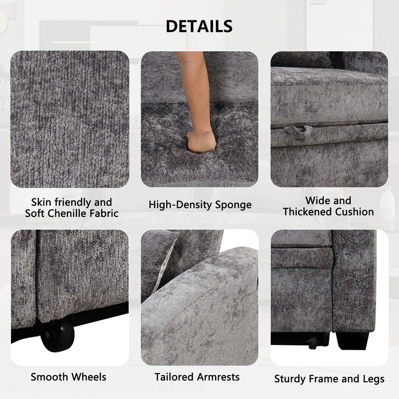 Pull Out Loveseat Sofa With Adjsutable Backrest, 2 Pillows, Cup Holders, USB Ports For Living Room