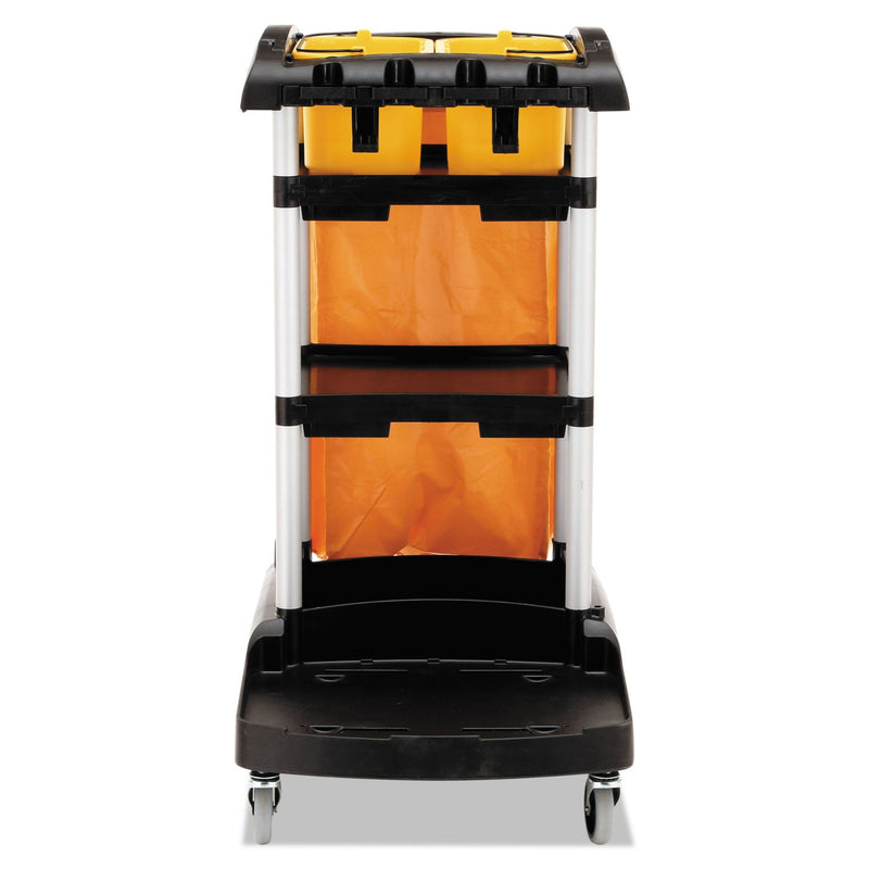 Rubbermaid High Capacity Cleaning Cart, Plastic, 4 Shelves, 2 Bins, 21.75" x 49.75" x 38.38", Black