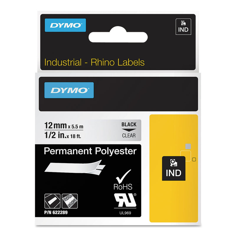 DYMO Rhino Permanent Vinyl Industrial Label Tape, 0.5" x 18 ft, Clear/Black Print