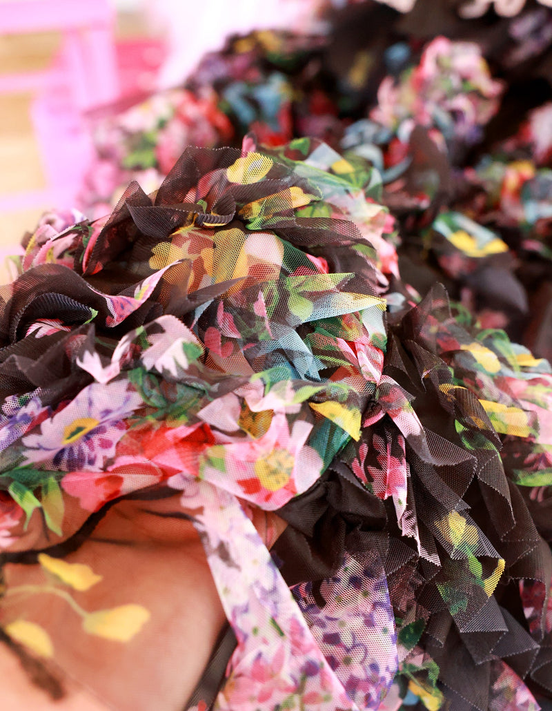 Luxury Floral Dog Dress with Ruffled Skirt & Pink Bow