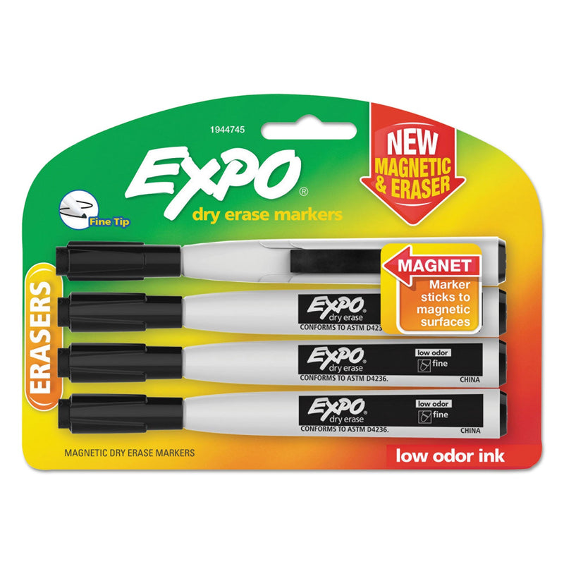 EXPO Magnetic Dry Erase Marker, Fine Bullet Tip, Black, 4/Pack
