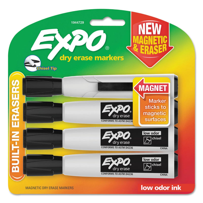 EXPO Magnetic Dry Erase Marker, Broad Chisel Tip, Black, 4/Pack