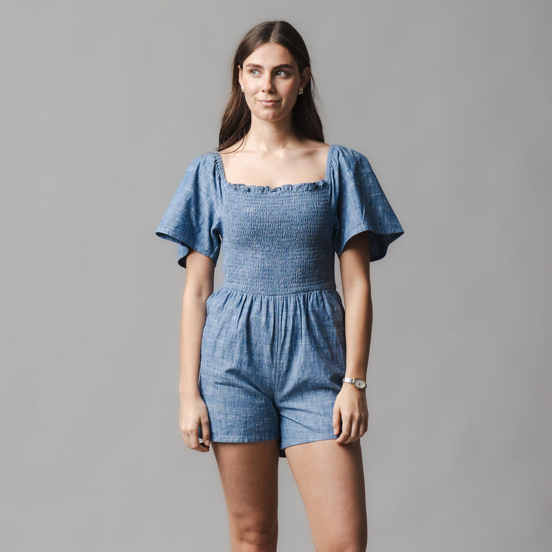 Organic Smocked Chambray Romper